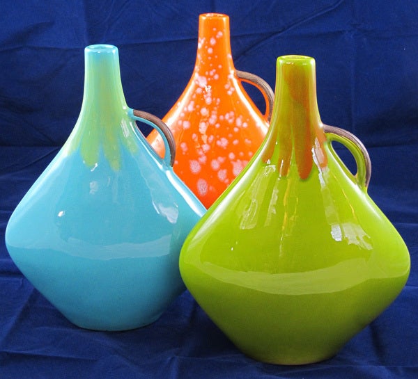 A Vibrant Set of 3 American Glazed Jaru Pottery Ovoid Vases