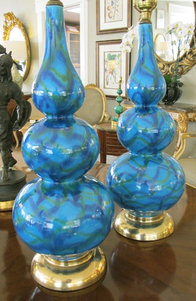 Shapely Pair of American Aqua Glazed Triple Gourd Ceramic Lamps 1