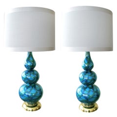 Shapely Pair of American Aqua Glazed Triple Gourd Ceramic Lamps