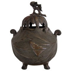 Antique A Japanese Foliate-Decorated Bronze Covered Incense Burner