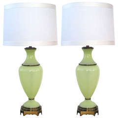Elegant Pair of French Chartreuse Opaline Glass Lamps with Brass Fittings, Made for Paul Hanson, New York