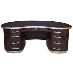 Retro Striking American Art Deco Style Kidney-Shaped Brown Lacquered Pedestal Desk