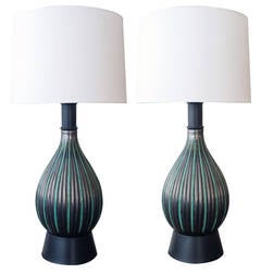 Pair of Danish Charcoal-Grey & Green Glazed Lamps by Michael Andersen & Sons