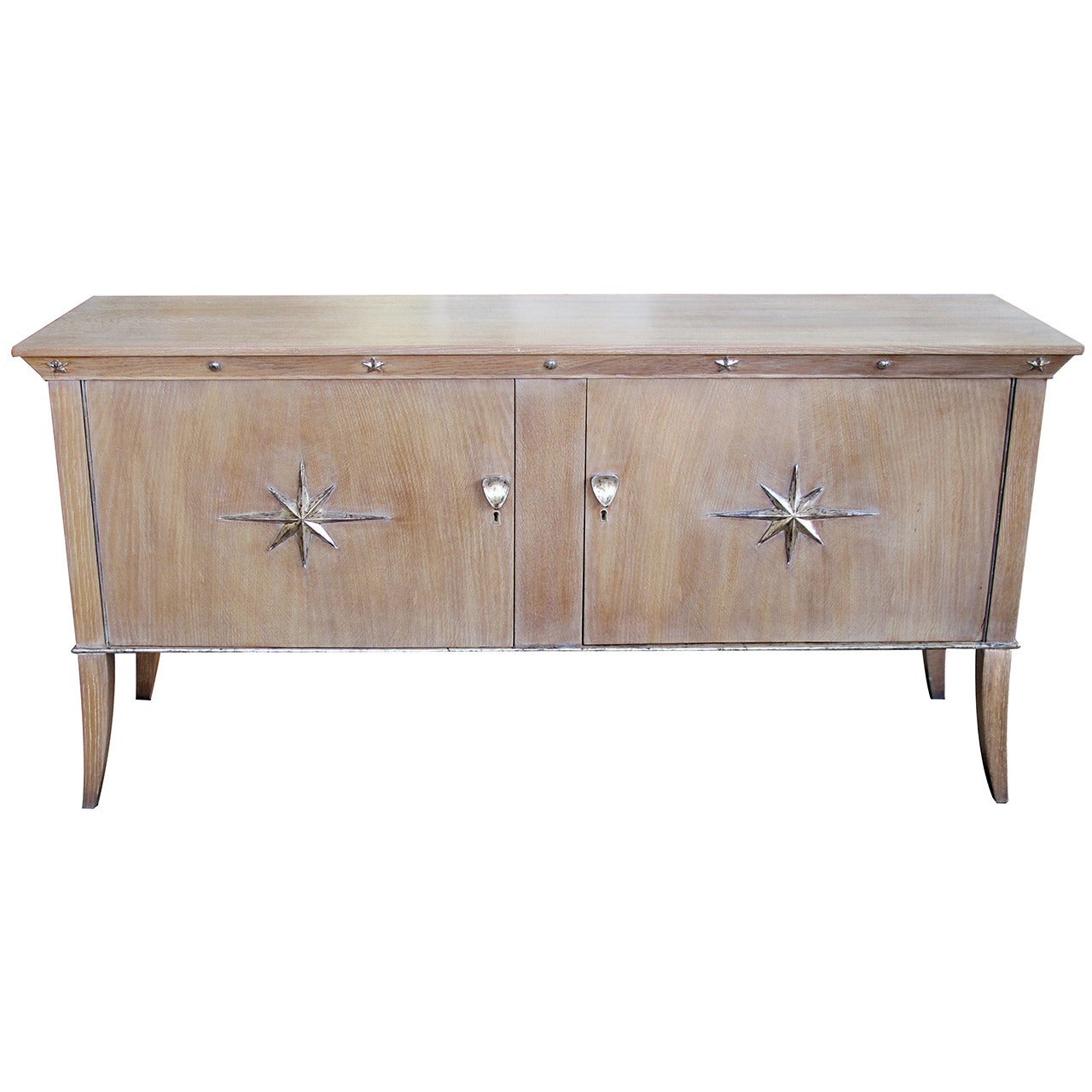 Stylish French Two-Door Cerused Oak Sideboard with Silver Leaf Motifs For Sale