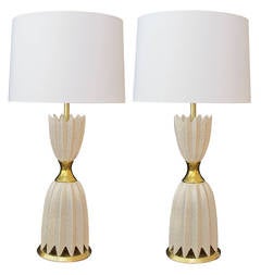 Striking and Stylish Pair of American Mid-Century Ruffled Ivory Ceramic Lamps