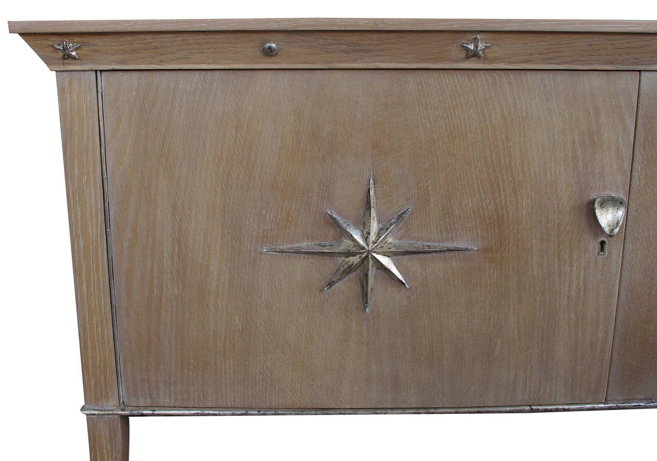 Stylish French Two-Door Cerused Oak Sideboard with Silver Leaf Motifs For Sale 1