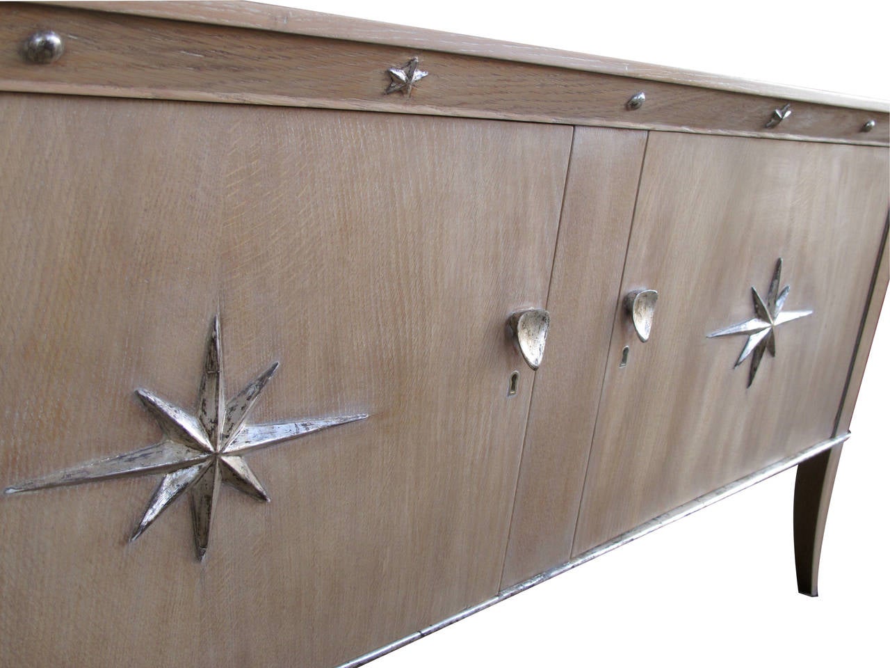 Mid-20th Century Stylish French Two-Door Cerused Oak Sideboard with Silver Leaf Motifs For Sale