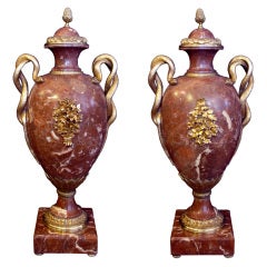 Boldly Scaled Pair of French Louis XVI Style Belgian Marble Urns
