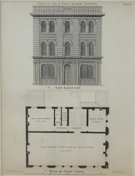 A handsome pair of American architectural engravings depicting taverns; each depicting a 3-story building with accompanying floor plans; each titled 'Design for a First Class Tavern'.