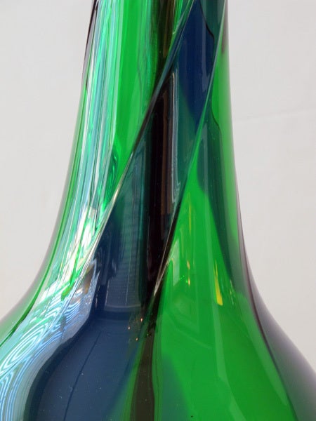 Italian Sleek Pr of Murano Emerald Green & Cobalt Blue Bottle-Form Lamps
