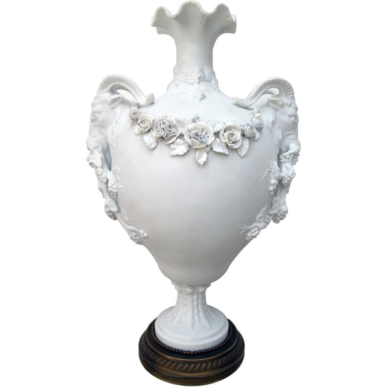 Exquisite English Parian Marble and Bronze Urn with Garland