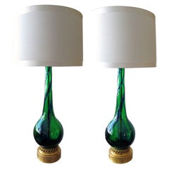 Vintage Sleek Pr of Murano Emerald Green & Cobalt Blue Bottle-Form Lamps