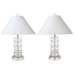 Pair of American Clear & Frosted Elliptical-Form Lucite Lamps