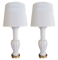 Tall Pair of Italian  Baluster-Form White Porcelain Ribbed Lamps