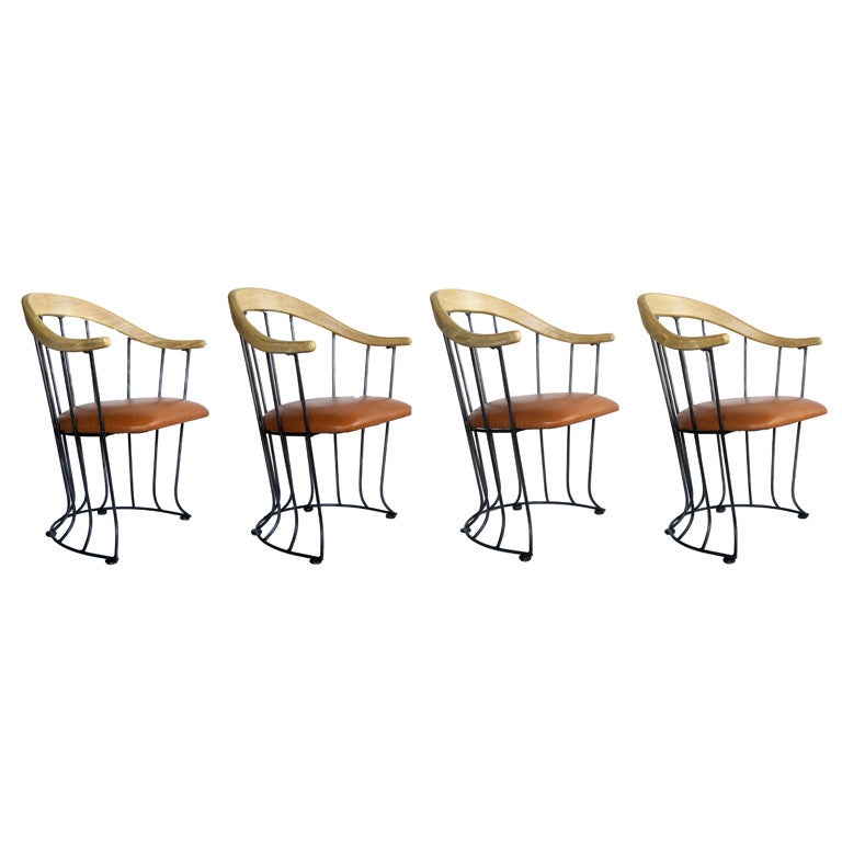 A Stylish Set of 4 French Iron and Pickled Beechwood Chairs