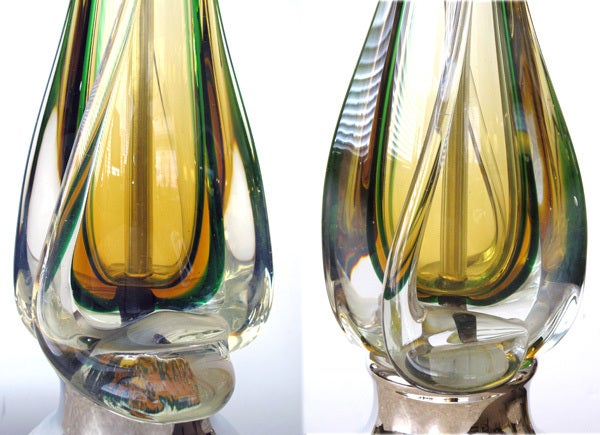 Italian Pair of Murano Lamps of Swirling Butterscotch Encased Glass