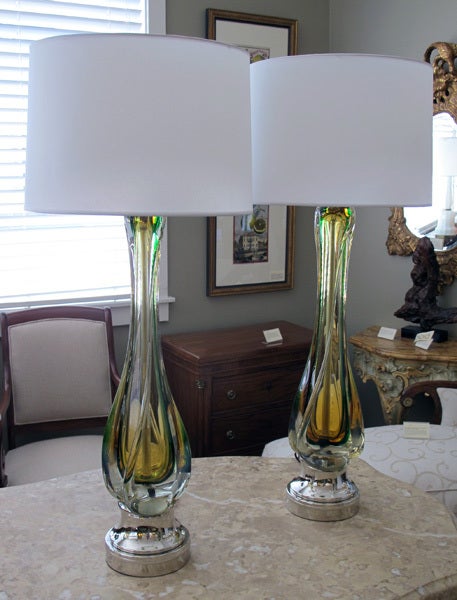 Pair of Murano Lamps of Swirling Butterscotch Encased Glass 1