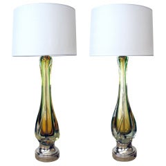 Pair of Murano Lamps of Swirling Butterscotch Encased Glass