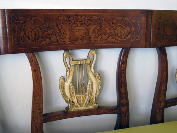 An Elegant Italian Neoclassical Inlaid Walnut Open-Back Settee