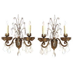 A Chic Pair of French Gilt Tole & Crystal Wall Sconces by Jansen