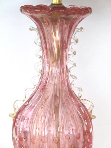 Italian A Striking Pair of Murano 1950's Pink Art Glass Aventurine Lamps