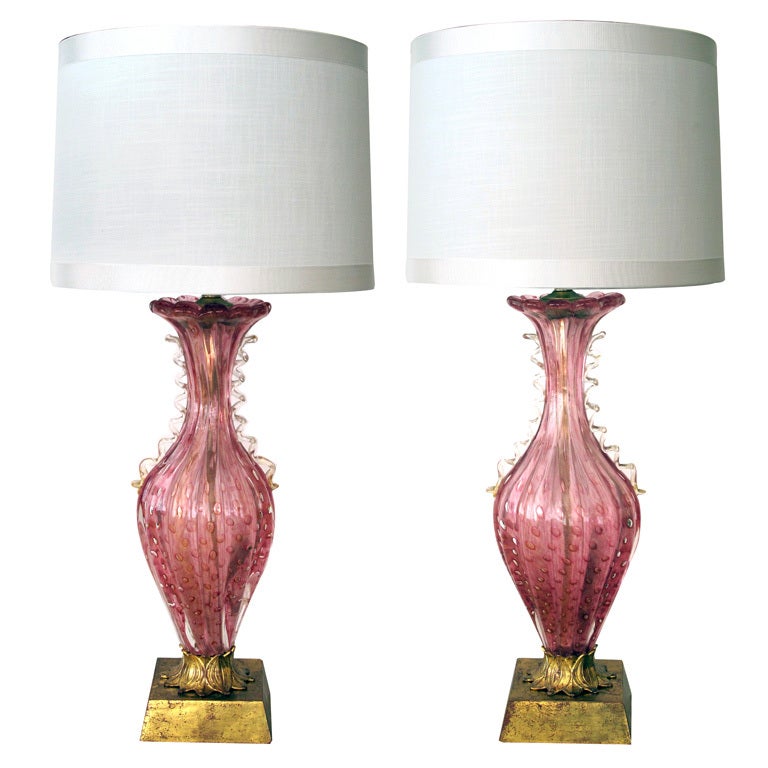 A Striking Pair of Murano 1950's Pink Art Glass Aventurine Lamps