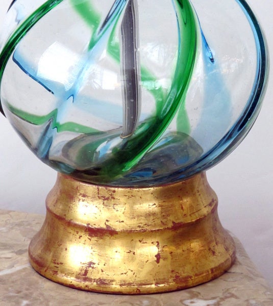 Italian A Pair of Murano Art Glass Bottle-Form Blue & Green Swirl Lamps