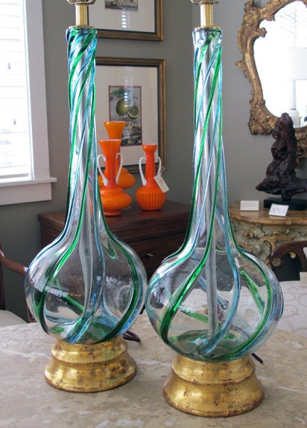 A Pair of Murano Art Glass Bottle-Form Blue & Green Swirl Lamps 1