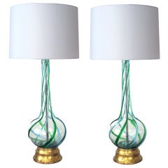A Pair of Murano Art Glass Bottle-Form Blue & Green Swirl Lamps