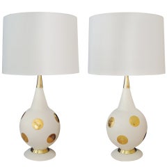 A Stylish Pair of American Ivory Ceramic Lamps with Gilt Circles