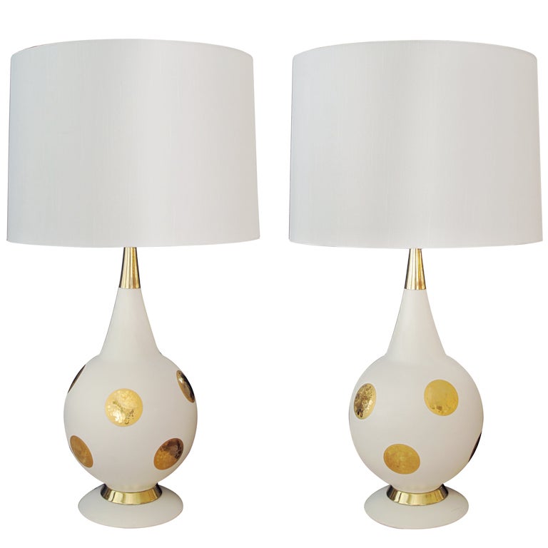 A Stylish Pair of American Ivory Ceramic Lamps with Gilt Circles