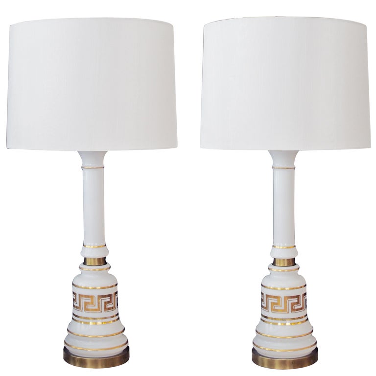 Stylish Pair of American Baluster-Form White Opaline Glass Lamps For Sale