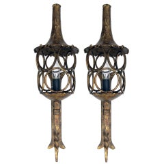 An Artisanal Pair of French Arts&Crafts Style Gilt-Iron Sconces