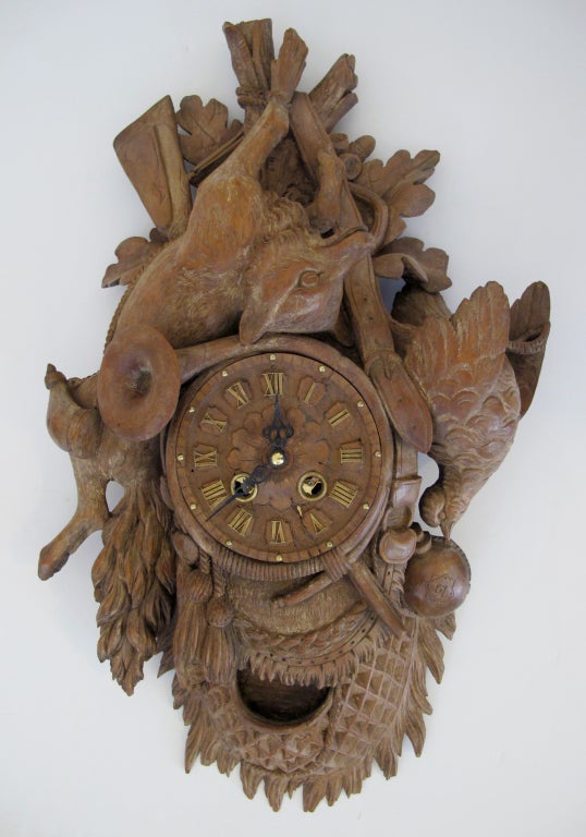 A Well-Carved German Black Forest Hunting Trophy Clock