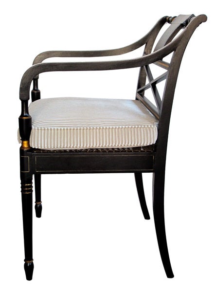 A Set of 4 English Regency Style Black Painted and Parcel Gilt Armchairs w/Caned Seats 1