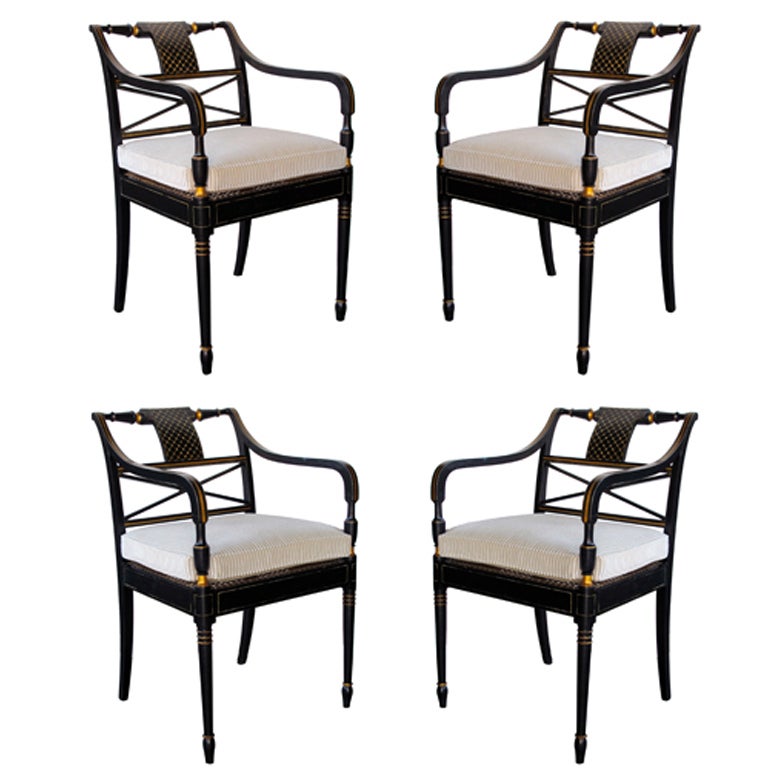 A Set of 4 English Regency Style Black Painted and Parcel Gilt Armchairs w/Caned Seats