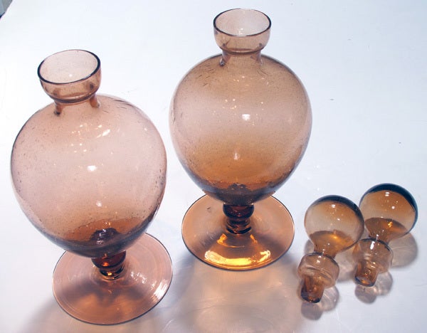 Striking Pair of American Hand-Blown Peach Colored Apothecary Jars 1