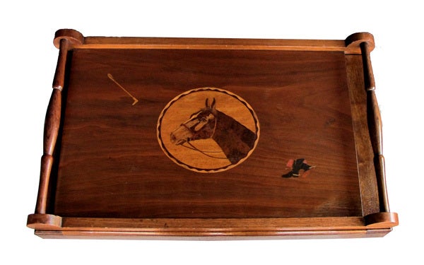 A Charming American Folk Art Mahogany Inlaid Tray on Stand