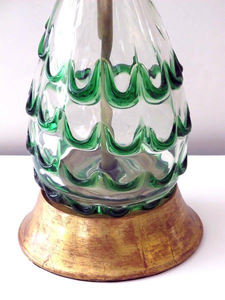 Italian A Pair of Murano Clear Bottle Form Lamps w/Raised Green Swirls