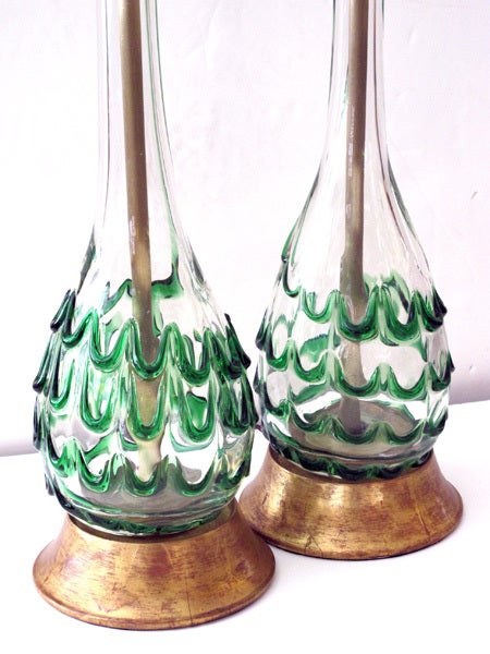 Mid-20th Century A Pair of Murano Clear Bottle Form Lamps w/Raised Green Swirls