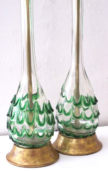 A Pair of Murano Clear Bottle Form Lamps w/Raised Green Swirls 1
