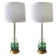A Pair of Murano Clear Bottle Form Lamps w/Raised Green Swirls 5