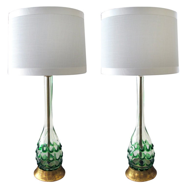 A Pair of Murano Clear Bottle Form Lamps w/Raised Green Swirls