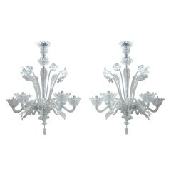 Vintage A Shimmering Pair of Murano Clear Glass 6-Light Chandeliers