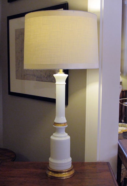 Tailored Pair of American 1950's White Milk Glass Columnar Lamps 1