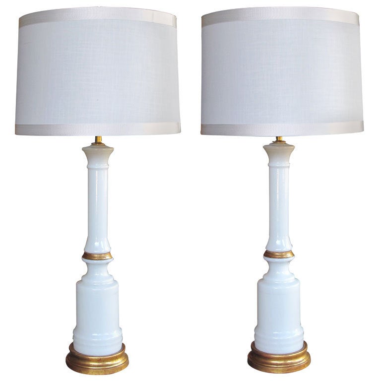 Tailored Pair of American 1950's White Milk Glass Columnar Lamps