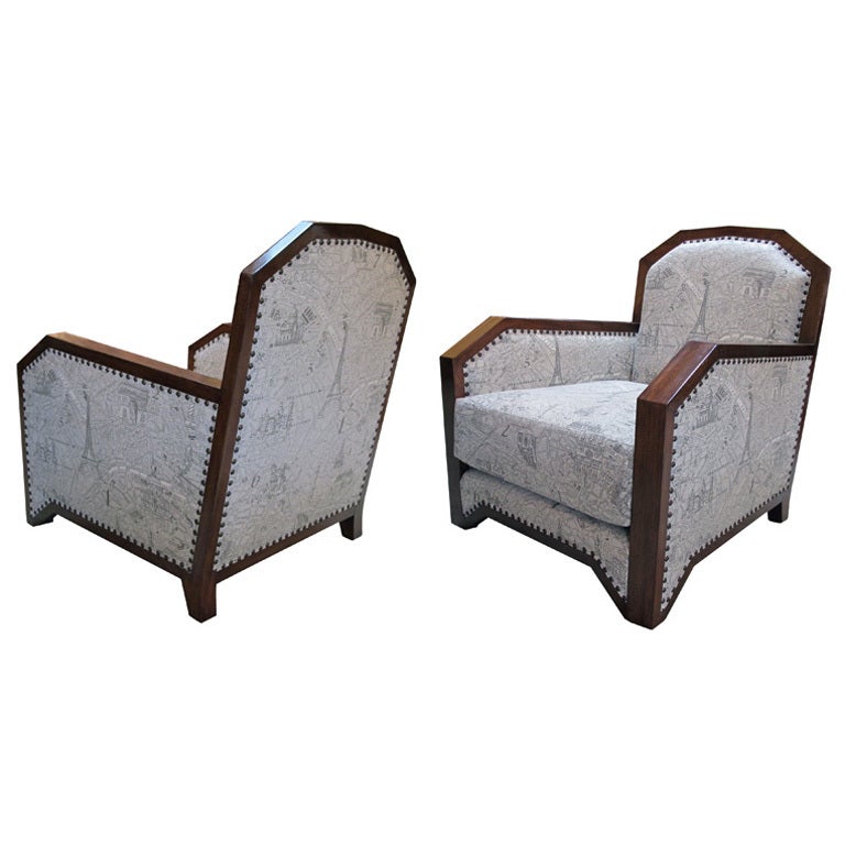 A Stylish Pair of French Art Deco Club Chairs w Mahogany Frames For