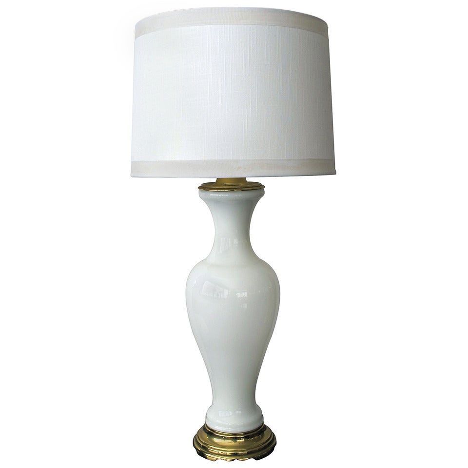 Elegant French 1960's White Opaline Baluster-Form Glass Lamp