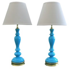 A Diminutive Pair of French 1940's Blue Opaline Baluster-Form Glass Lamps