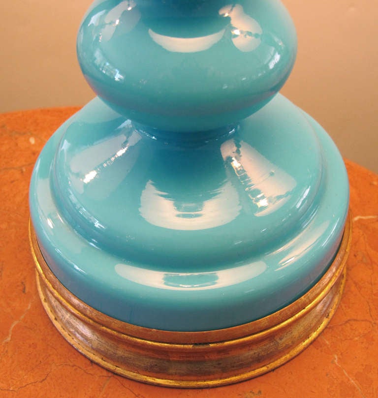A Diminutive Pair of French 1940's Blue Opaline Baluster-Form Glass Lamps